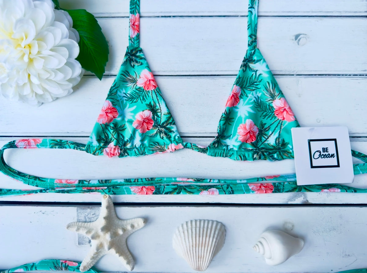 Micro Bikini One-size Thong & Non Padded Triangle Bra Set - FLOWERS & PALMS