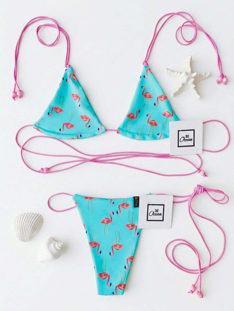 Micro Bikini One-size With Elastic Cording Straps Thong & Non Padded Triangle Bra Set - FLAMINGOMANIA