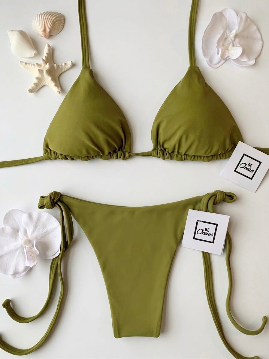 Cheeky Bottom (Not a Thong) & Padded Bra Bikini Set - PAMELA OLIVE GREEN