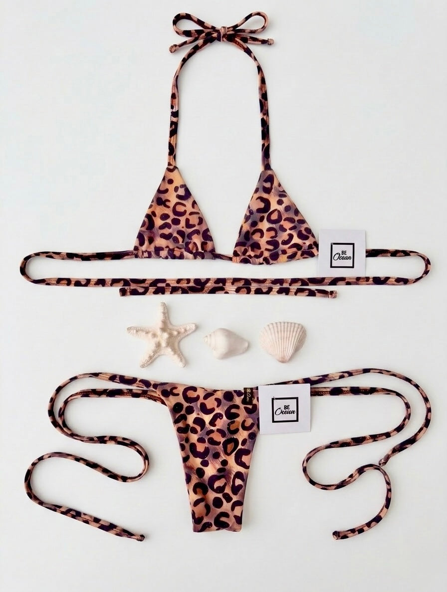 Micro Bikini One-size Thong & Non Padded Triangle Bra Set - PAMELA SMOOTH LEOPARD