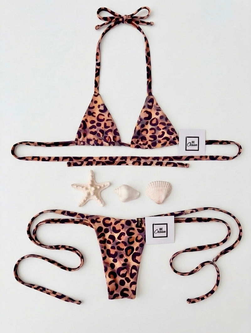 Micro Bikini One-size Thong & Non Padded Triangle Bra Set - PAMELA SMOOTH LEOPARD