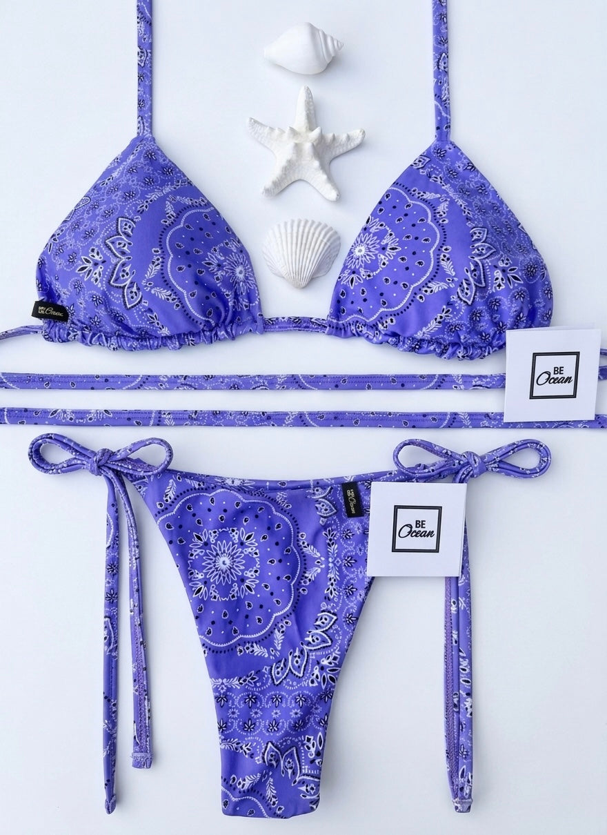 Triangle Thong & Padded Bra Bikini Set - PURPLE BANDANA