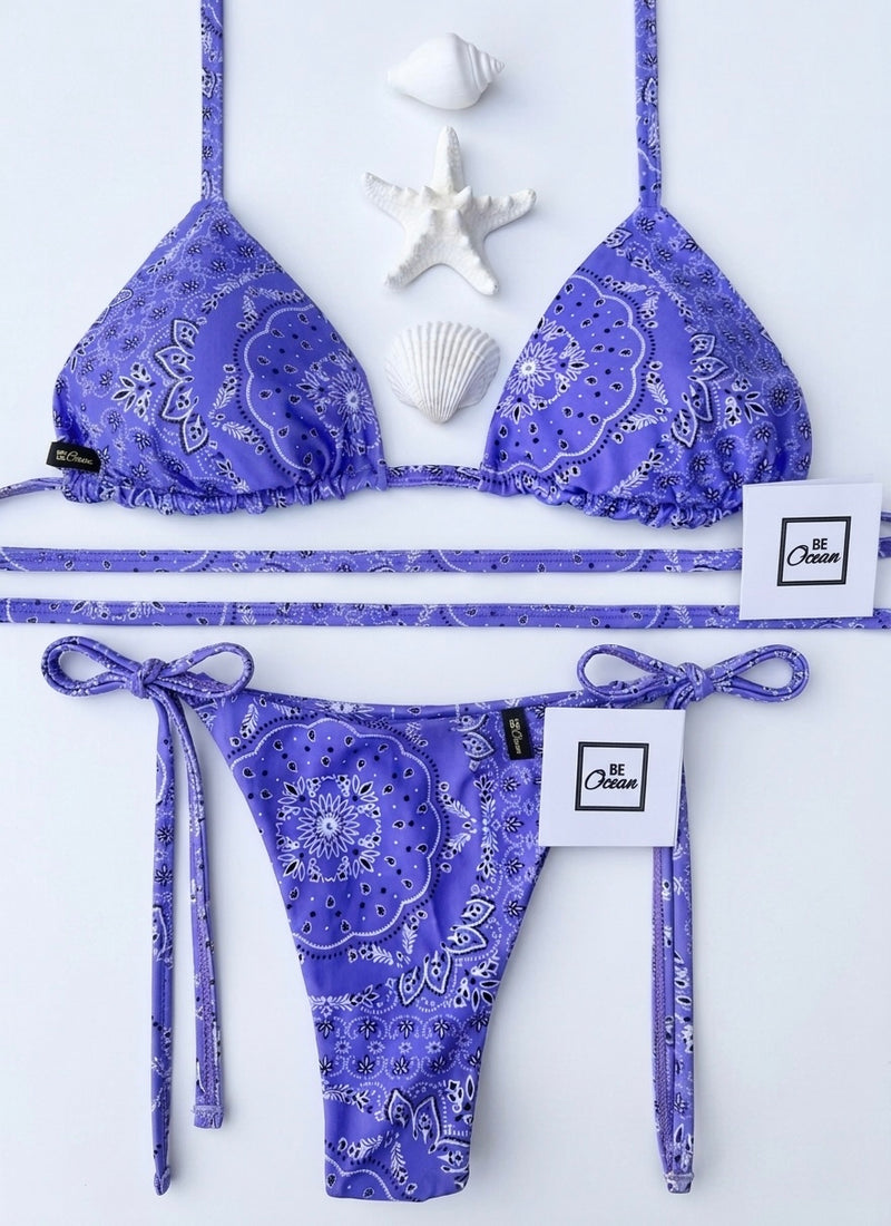 Triangle Thong & Padded Bra Bikini Set - PURPLE BANDANA