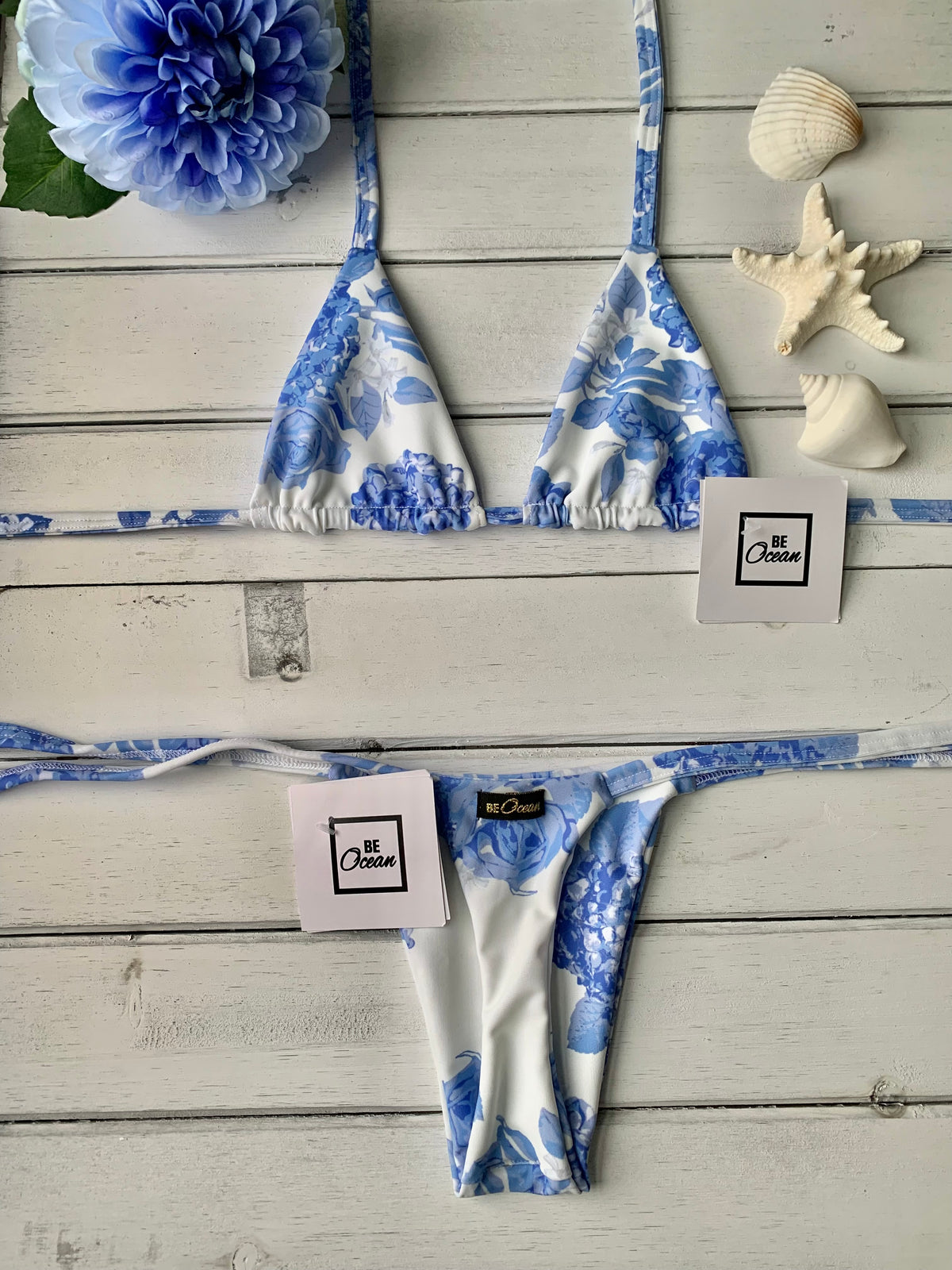 Micro Bikini One-size Thong & Non Padded Triangle Bra Set - BLUE ROSE