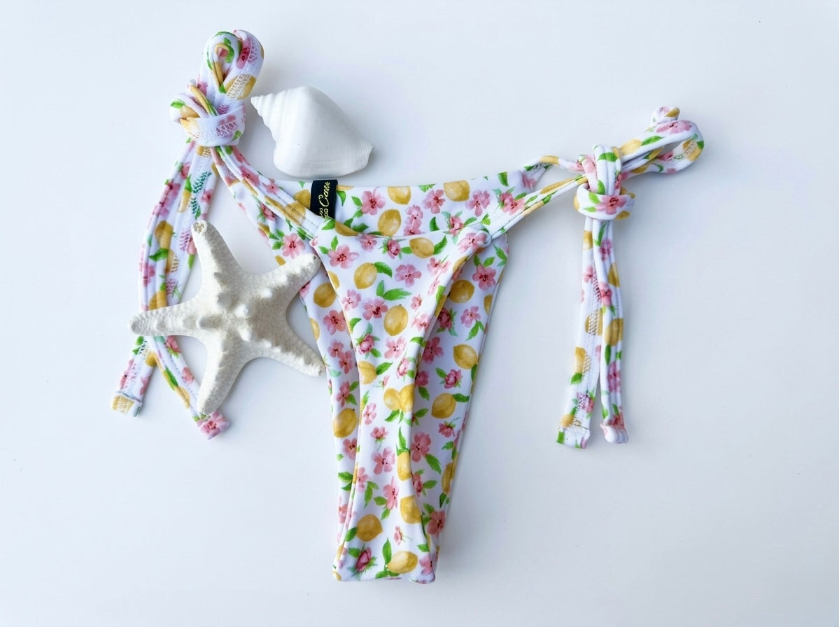 Micro Bikini One-size Thong & Non Padded Triangle Bra Set - Flowers & Lemons