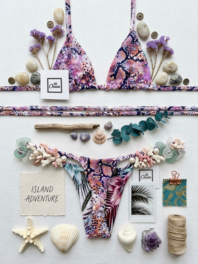 Micro Bikini One-size Thong & Non Padded Triangle Bra Reversible Set - PAMELA TROPICAL VIBES