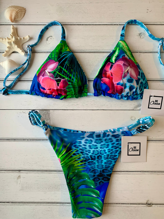 Reversible Thong & Triangle Padded Bra Bikini Set - ORCHID & LEOPARD