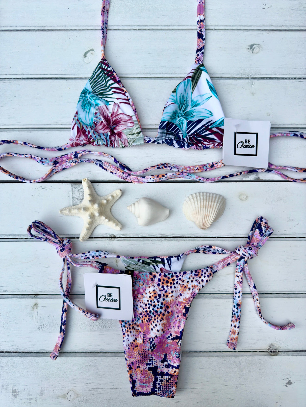 Micro Bikini One-size Thong & Non Padded Triangle Bra Reversible Set - PAMELA TROPICAL VIBES