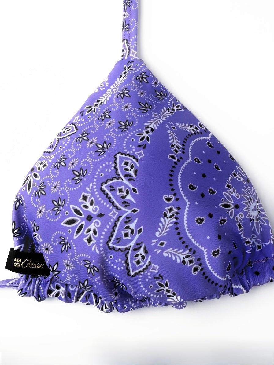 Triangle Thong & Padded Bra Bikini Set - PURPLE BANDANA