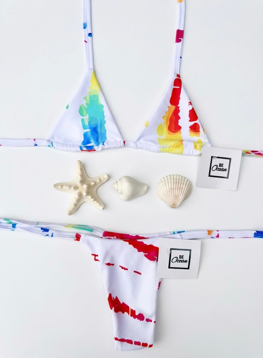 Micro Bikini One-size Thong & Non Padded Triangle Bra Set - WHITE & COLORS