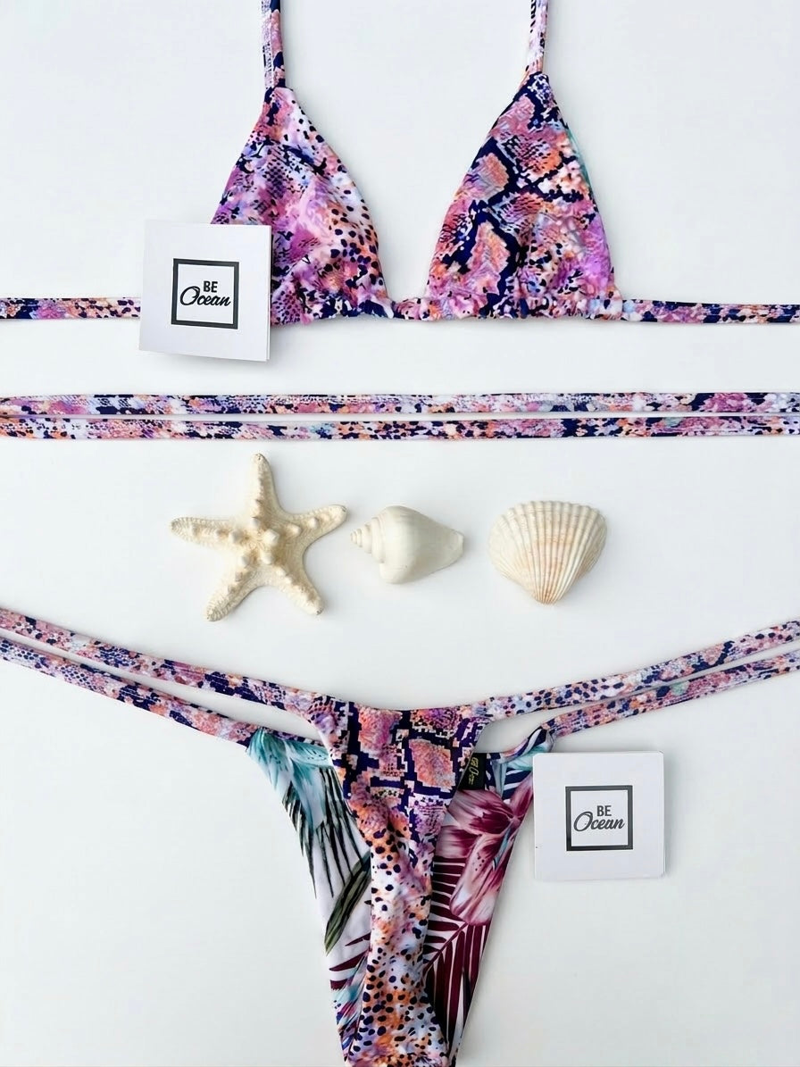 Micro Bikini One-size Thong & Non Padded Triangle Bra Reversible Set - PAMELA TROPICAL VIBES