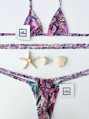Micro Bikini One-size Thong & Non Padded Triangle Bra Reversible Set - PAMELA TROPICAL VIBES