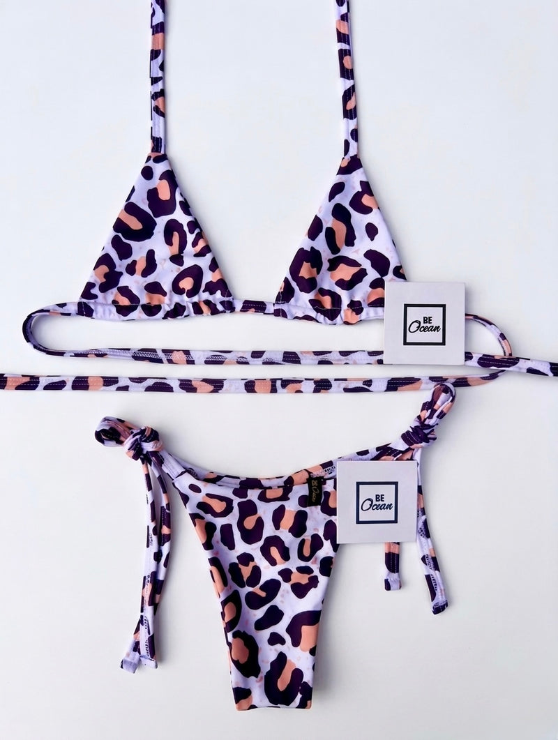 Micro Bikini One-size Thong & Non Padded Triangle Bra Set - PAMELA WHITE LEOPARD