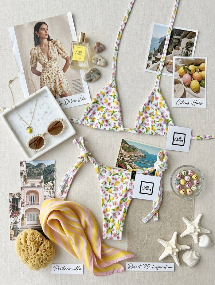 Micro Bikini One-size Thong & Non Padded Triangle Bra Set - Flowers & Lemons