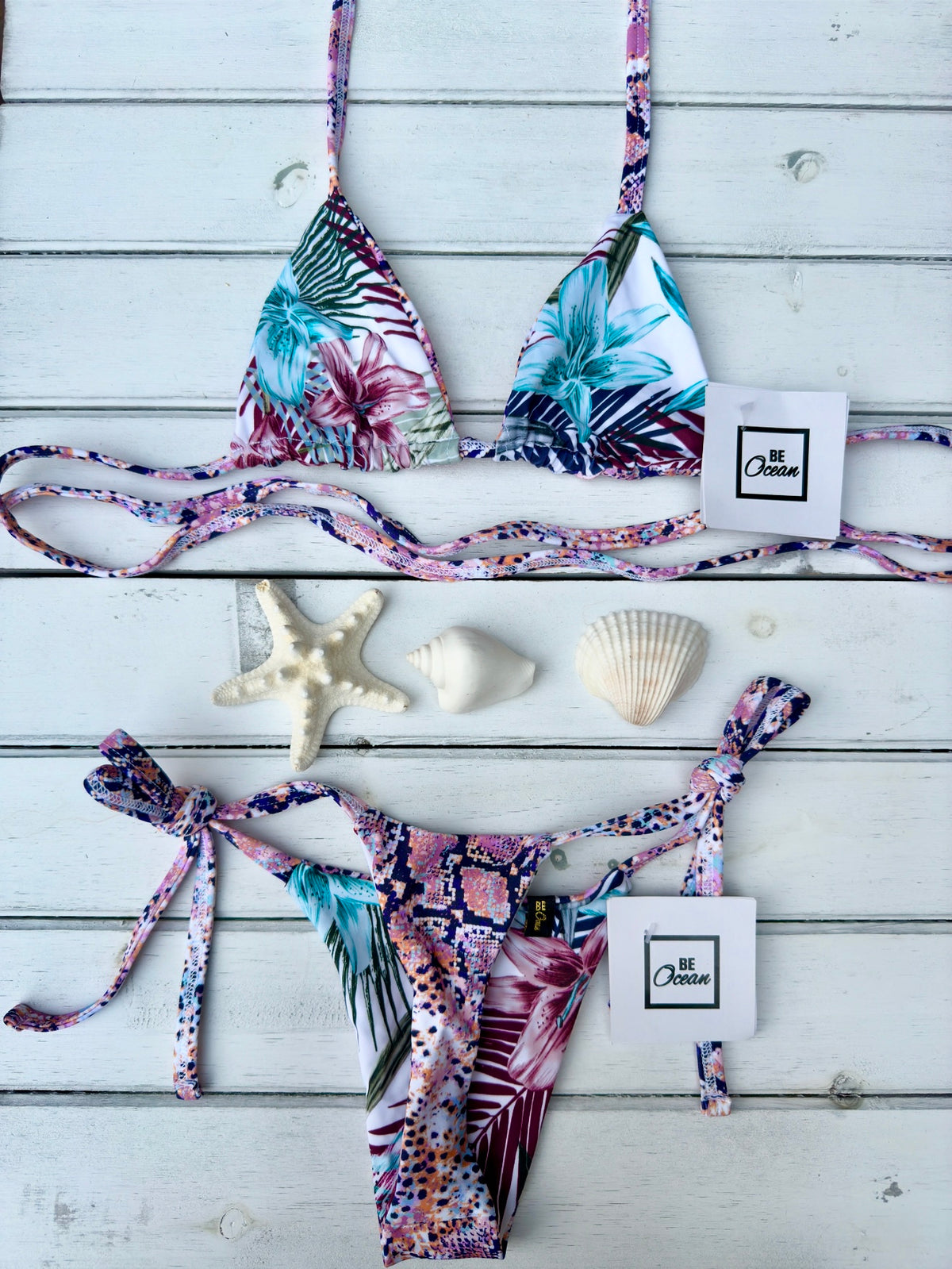 Micro Bikini One-size Thong & Non Padded Triangle Bra Reversible Set - PAMELA TROPICAL VIBES