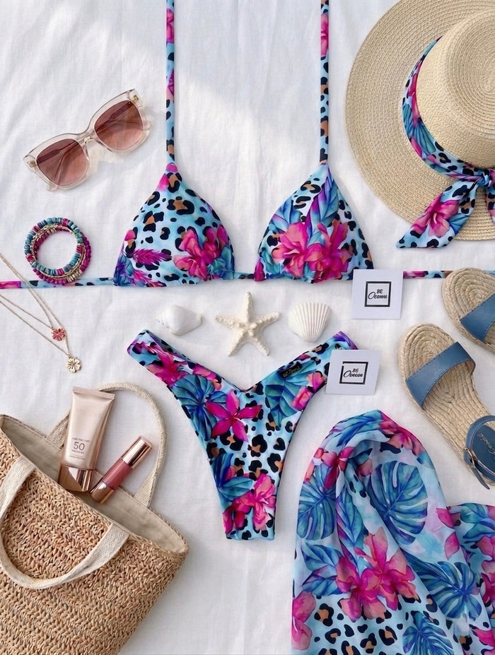 V-Cut Thong & Padded Bra Bikini Set - BLUE JAGUAR
