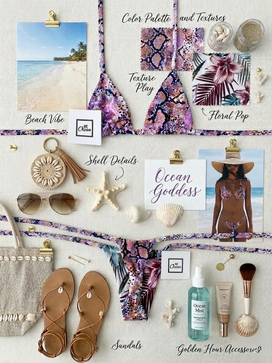 Micro Bikini One-size Thong & Non Padded Triangle Bra Reversible Set - PAMELA TROPICAL VIBES