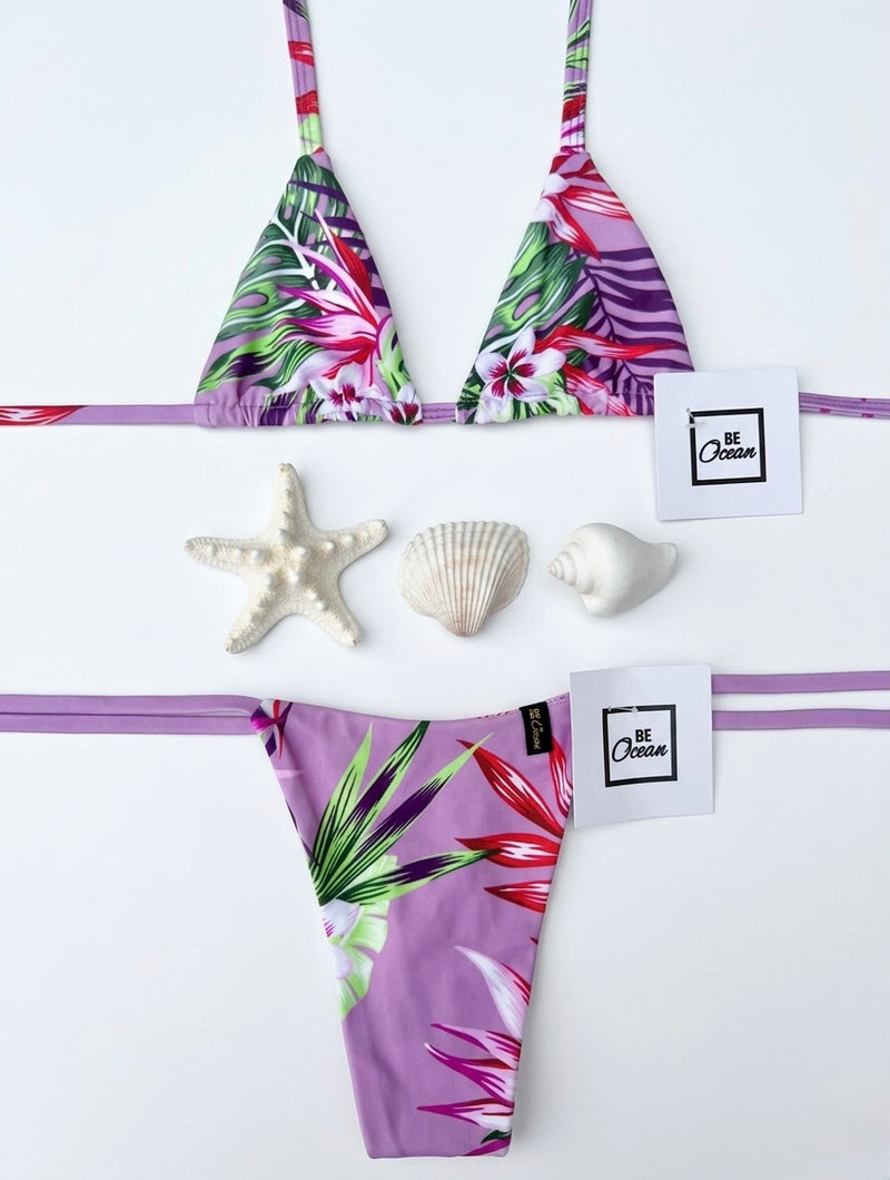 Micro Bikini One-size Thong & Non Padded Triangle Bra Set - HAWAII LILA