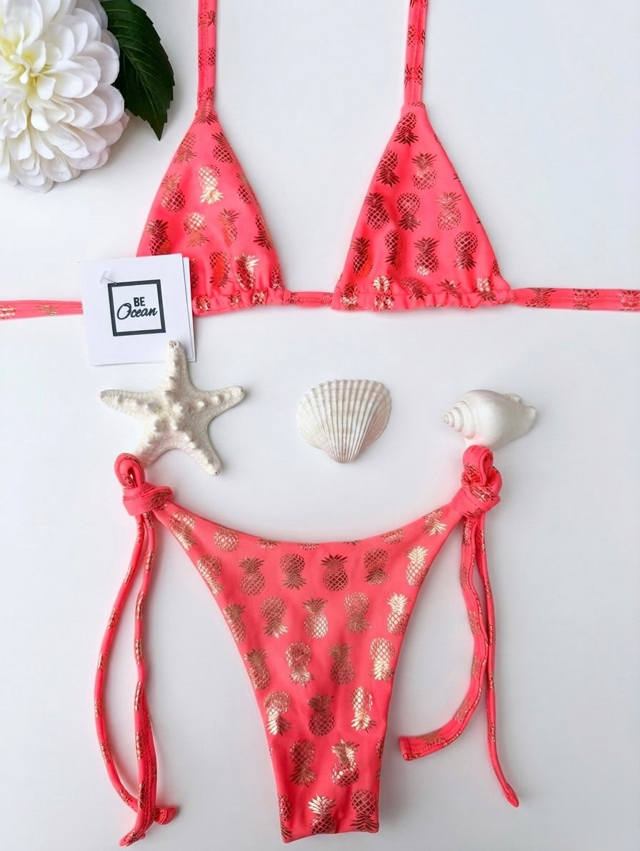 Micro Bikini One-size Thong & Non Padded Triangle Bra Set - ORANGE PINEAPPLE
