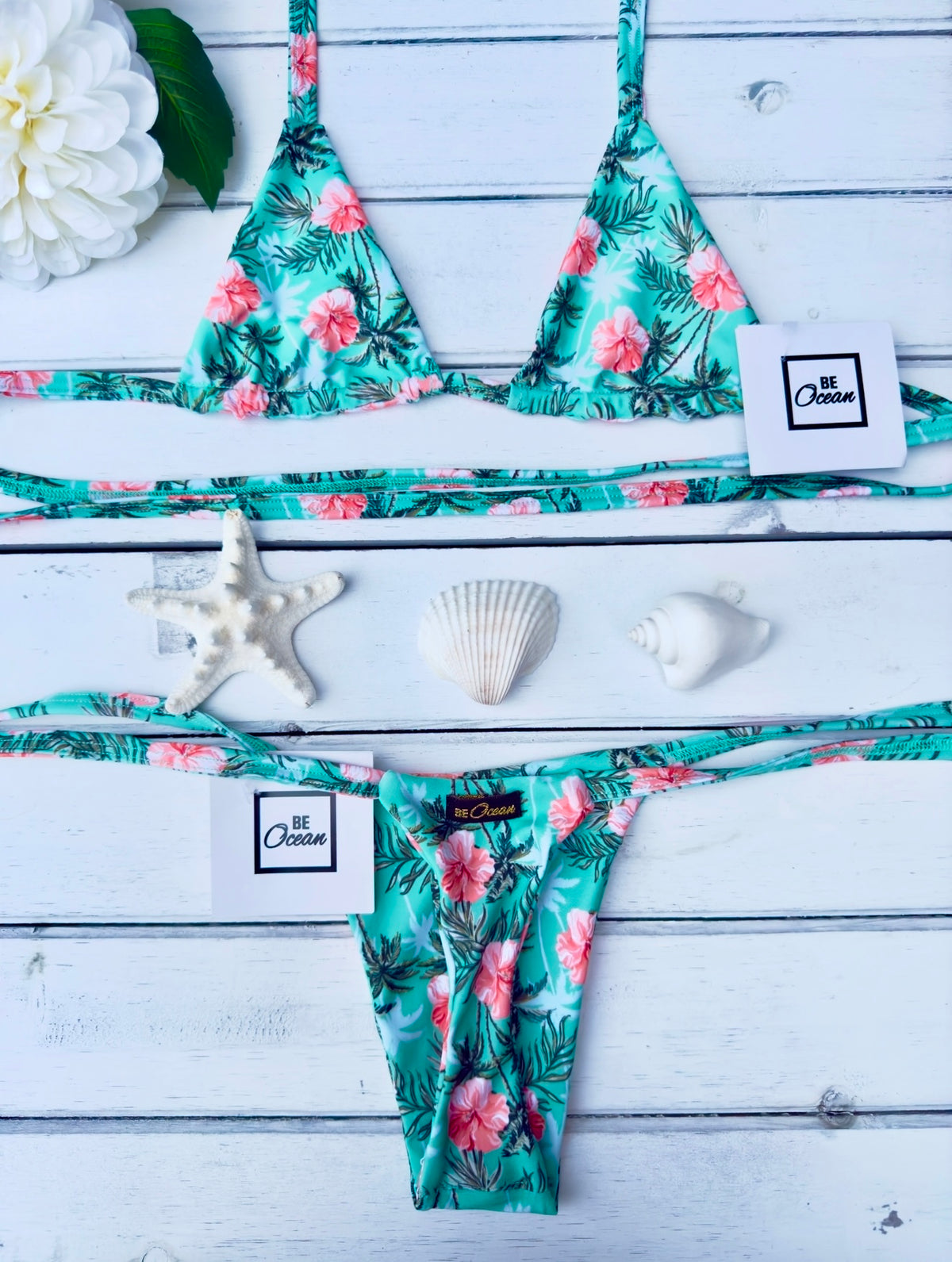 Micro Bikini One-size Thong & Non Padded Triangle Bra Set - FLOWERS & PALMS