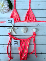 Micro Bikini One-size Thong & Non Padded Triangle Bra Set - ORANGE PINEAPPLE