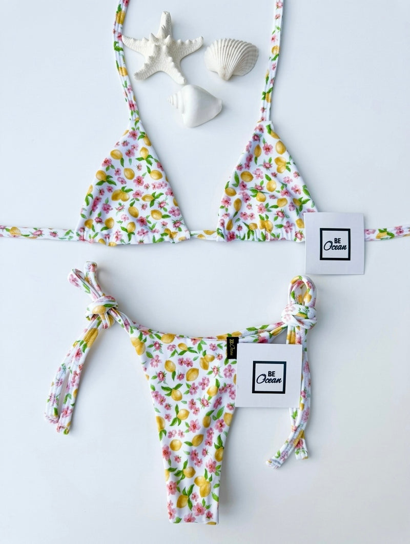 Micro Bikini One-size Thong & Non Padded Triangle Bra Set - Flowers & Lemons