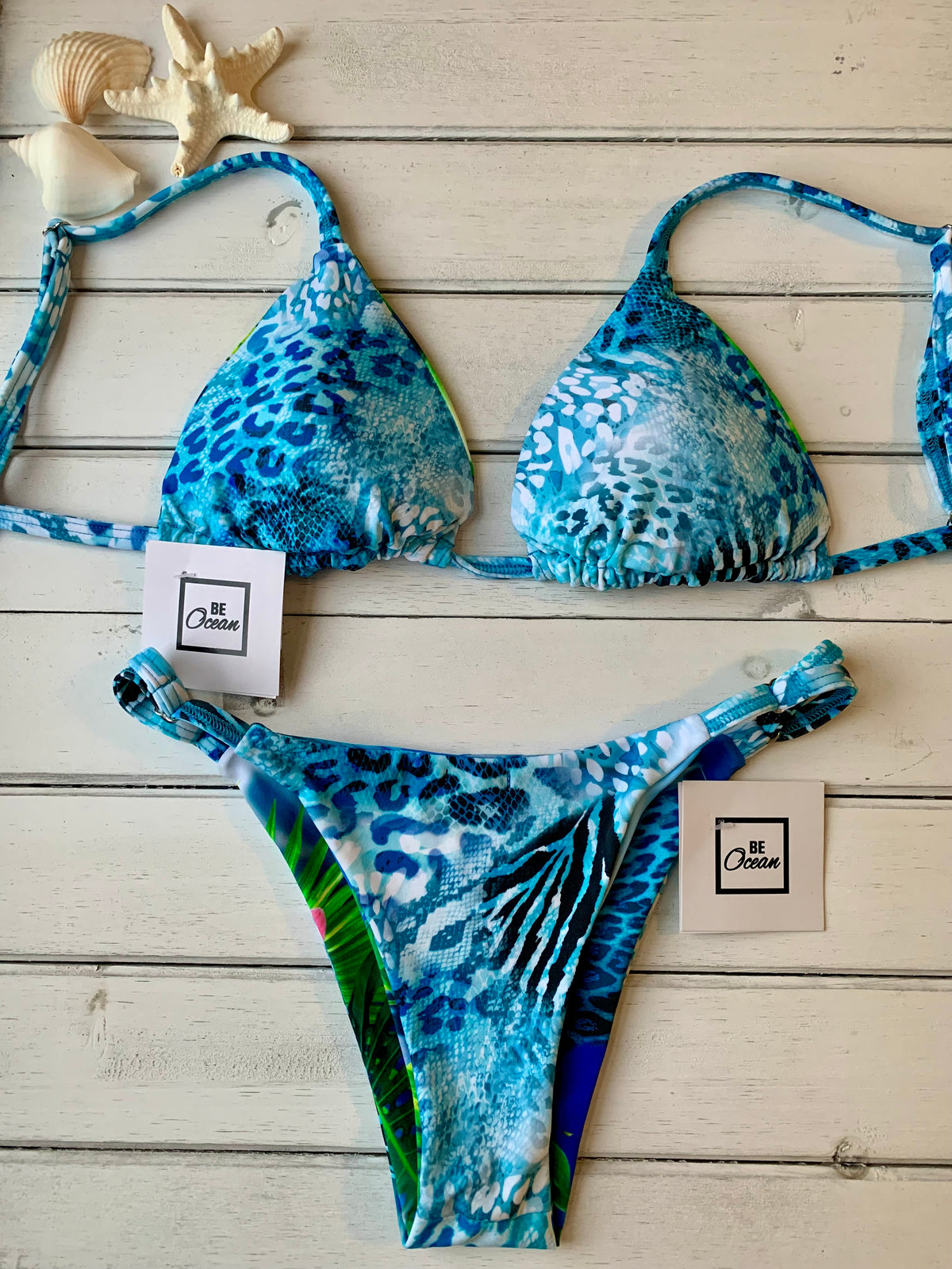 Reversible Thong & Triangle Padded Bra Bikini Set - ORCHID & LEOPARD