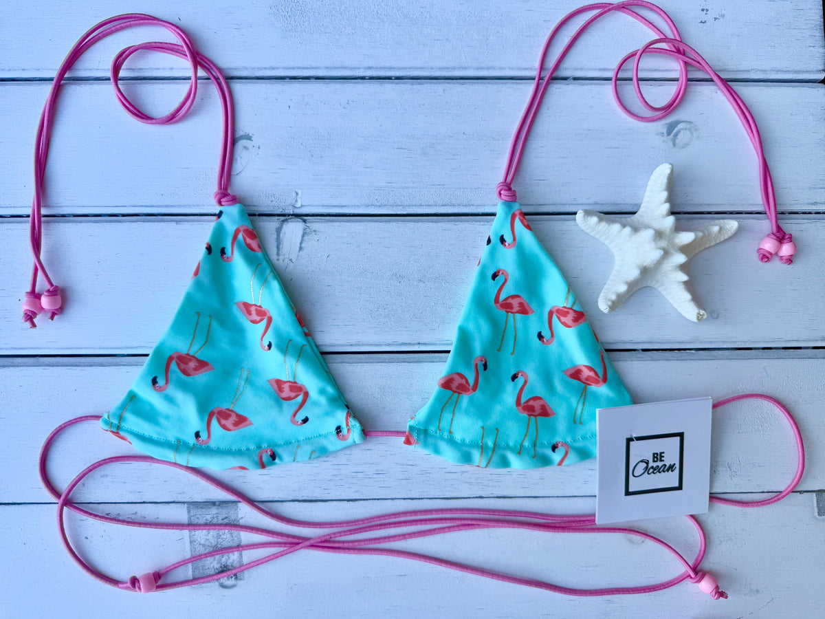 Micro Bikini One-size With Elastic Cording Straps Thong & Non Padded Triangle Bra Set - FLAMINGOMANIA