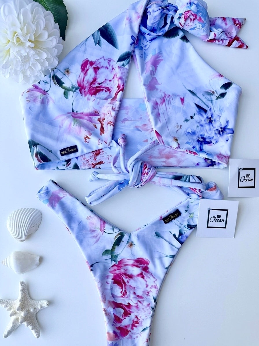 Halter Top & V-Cut Thong Bikini Set - LOUISIANA BLOSSOM