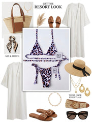 Micro Bikini One-size Thong & Non Padded Triangle Bra Set - PAMELA WHITE LEOPARD