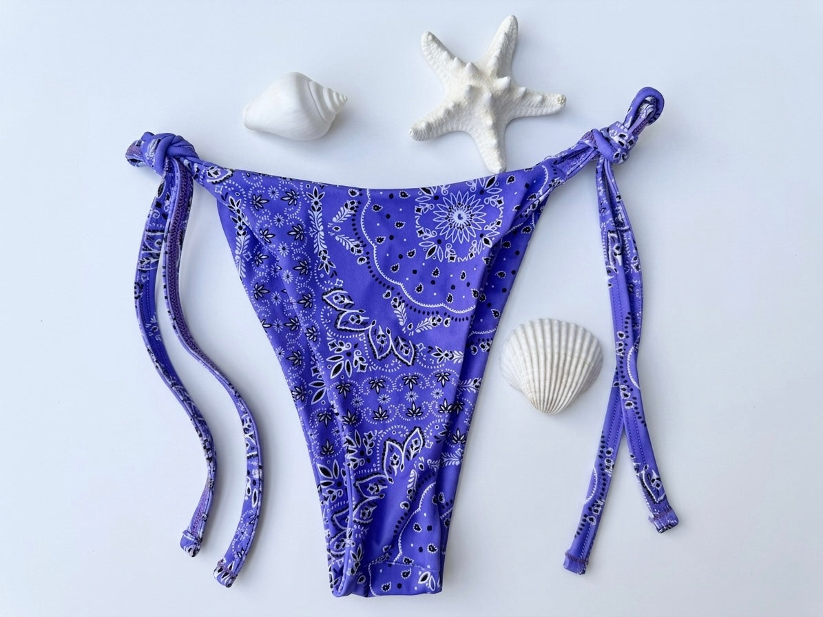 Triangle Thong & Padded Bra Bikini Set - PURPLE BANDANA