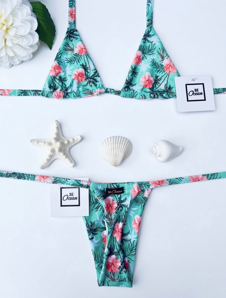 Micro Bikini One-size Thong & Non Padded Triangle Bra Set - FLOWERS & PALMS