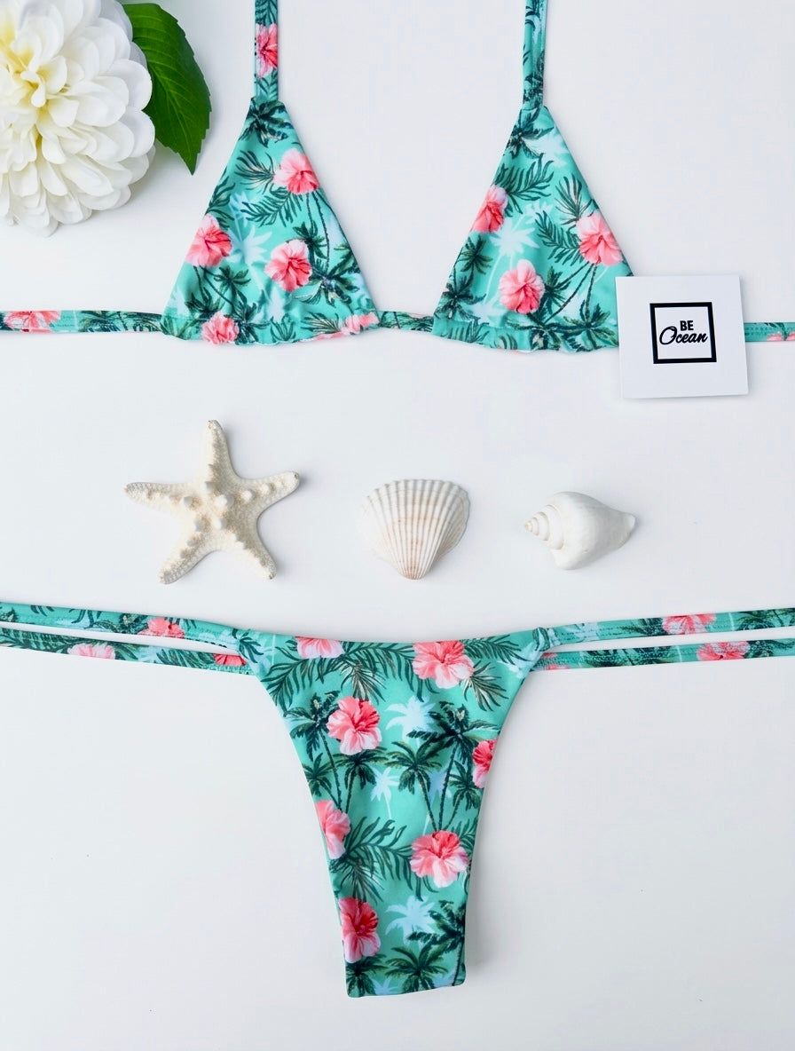 Micro Bikini One-size Thong & Non Padded Triangle Bra Set - FLOWERS & PALMS