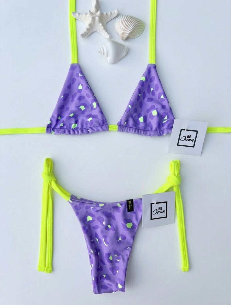 Micro Bikini One-size Thong & Non Padded Triangle Bra Set - PAMELA BIO LEOPARD