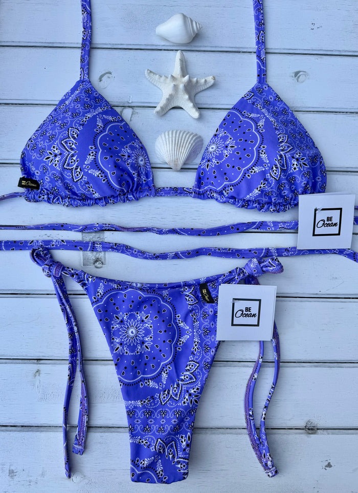 Triangle Thong & Padded Bra Bikini Set - PURPLE BANDANA