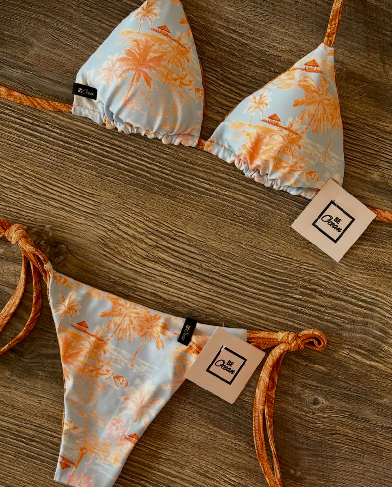 Reversible Thong & Triangle Padded Bra Bikini Set - HAWAII CORAL
