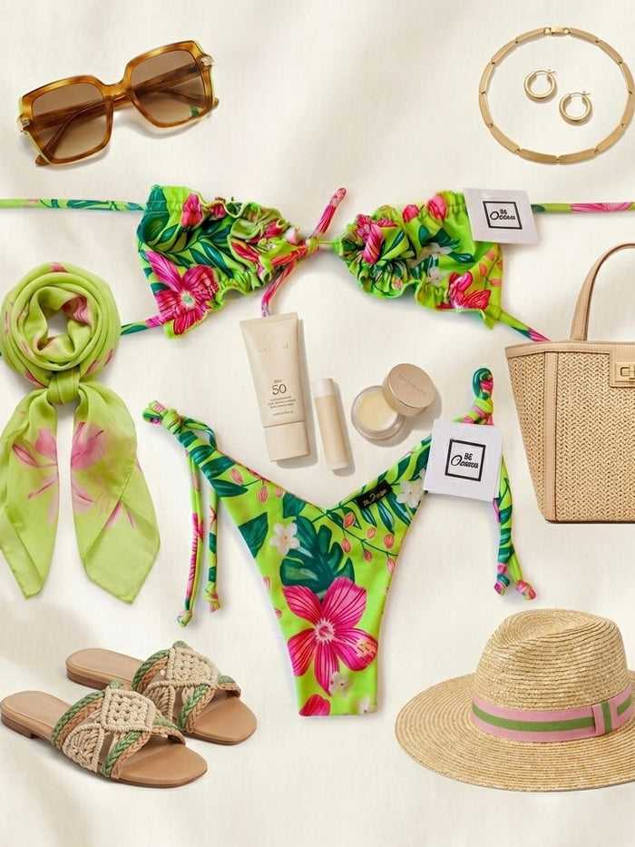 Bow Tie Non Padded Bra & V-Cut Thong Bikini Set - ELECTRIC JUNGLE