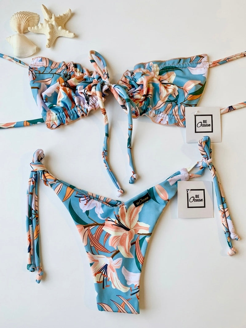 Bow Tie Non Padded Bra & V-Cut Thong Bikini Set - BLUE LOVE
