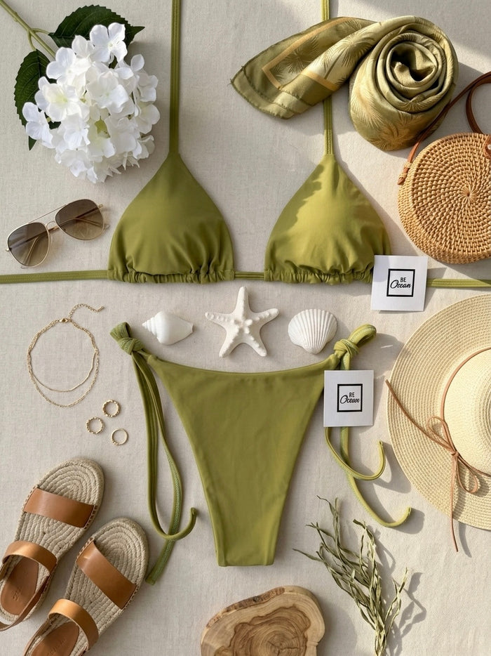 Cheeky Bottom (Not a Thong) & Padded Bra Bikini Set - PAMELA OLIVE GREEN