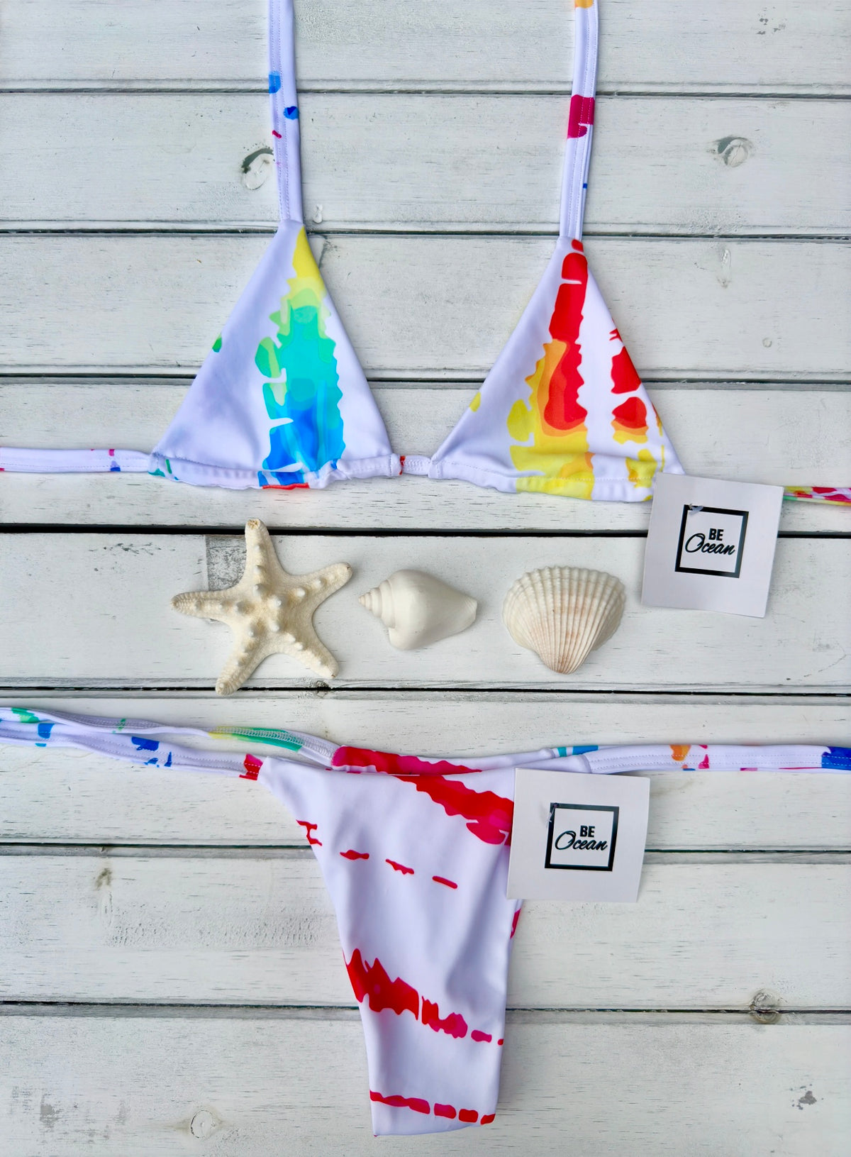 Micro Bikini One-size Thong & Non Padded Triangle Bra Set - WHITE & COLORS