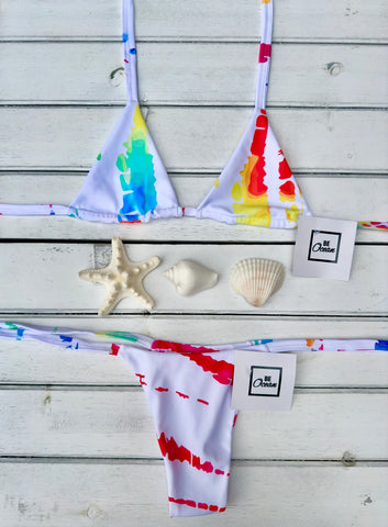 Micro Bikini One-size Thong & Non Padded Triangle Bra Set - WHITE & COLORS