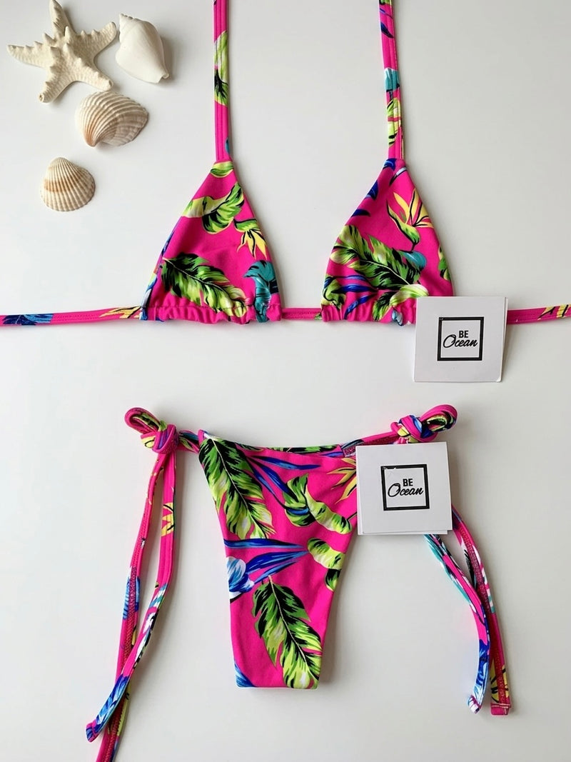 Micro Bikini One-size Thong & Non Padded Triangle Bra Set - PINK JUNGLE