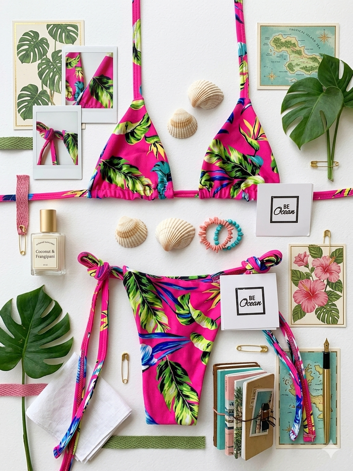 Micro Bikini One-size Thong & Non Padded Triangle Bra Set - PINK JUNGLE