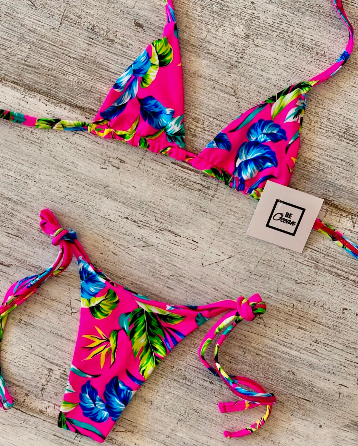 Micro Bikini One-size Thong & Non Padded Triangle Bra Set - PINK JUNGLE