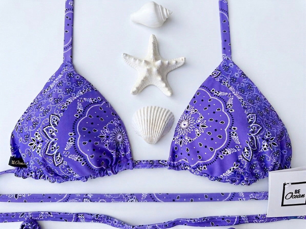 Triangle Thong & Padded Bra Bikini Set - PURPLE BANDANA