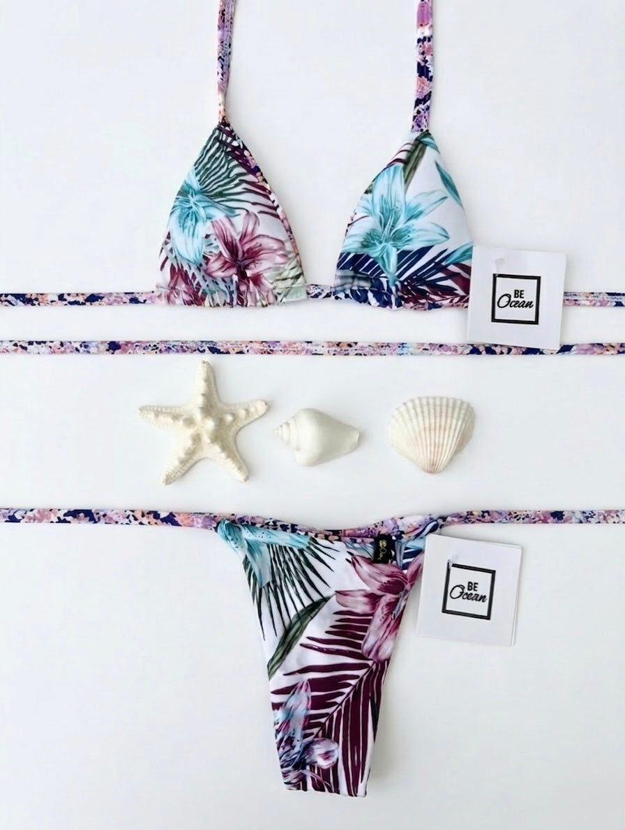 Micro Bikini One-size Thong & Non Padded Triangle Bra Reversible Set - PAMELA TROPICAL VIBES