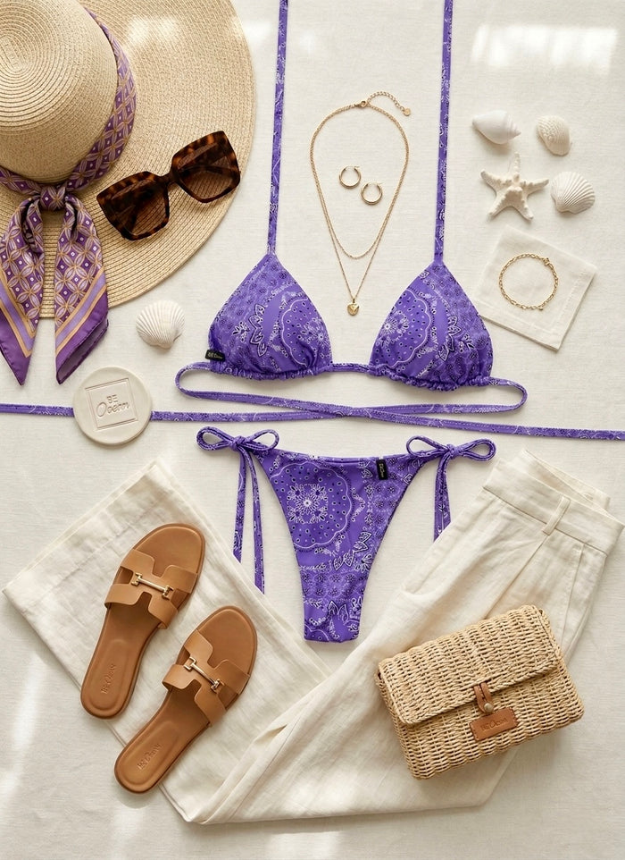 Triangle Thong & Padded Bra Bikini Set - PURPLE BANDANA
