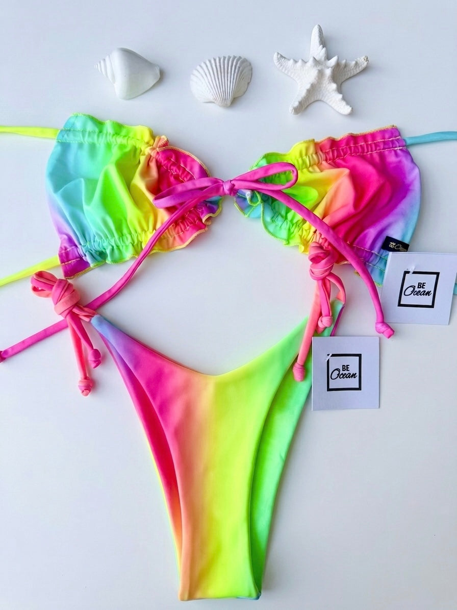 Bow Tie Non Padded Bra & V-Cut Thong Bikini Set - CANDY RAINBOW
