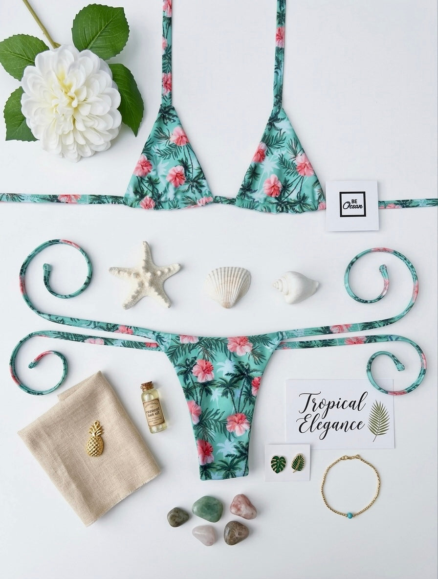 Micro Bikini One-size Thong & Non Padded Triangle Bra Set - FLOWERS & PALMS