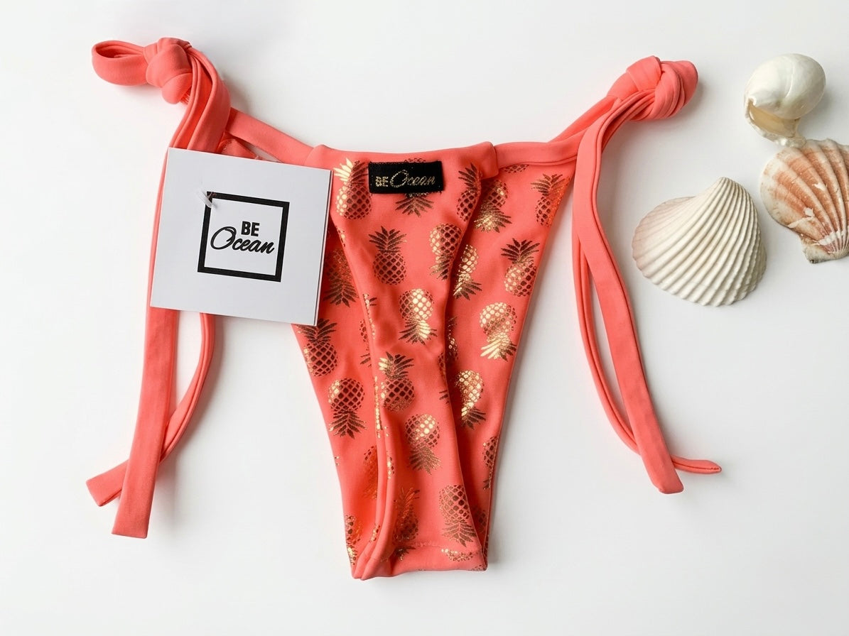 Micro Bikini One-size Thong & Non Padded Triangle Bra Set - ORANGE PINEAPPLE